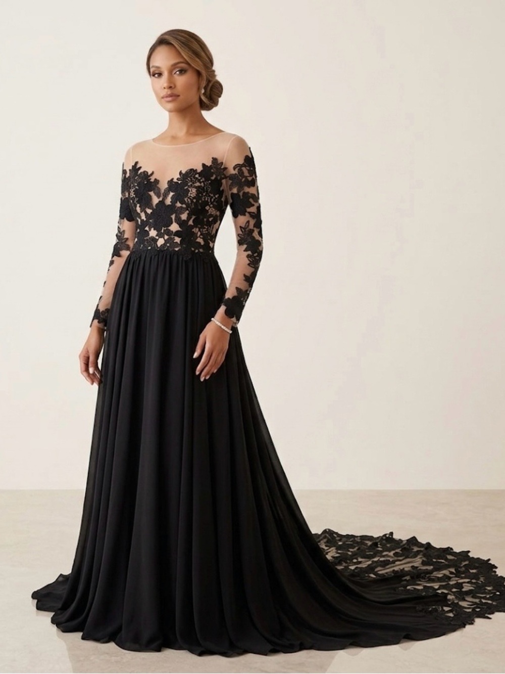 Elegant Black and Nude Lace and Chiffon Gown